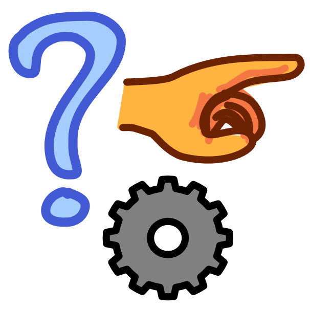 Next to a blue question mark is a yellow hand pointing to the right, below is a gray gear outlined in black.